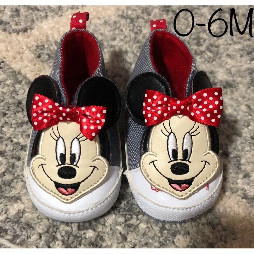 Minnie Mouse Baby Shoes Size 0-6M Red/White Polka Dots Bows Blue Denim
